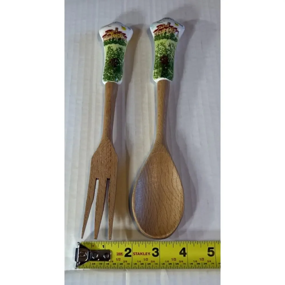 Hand Painted Montepulciano Italy Ceramic & Wood Salad Servers / Tongs Tuscany